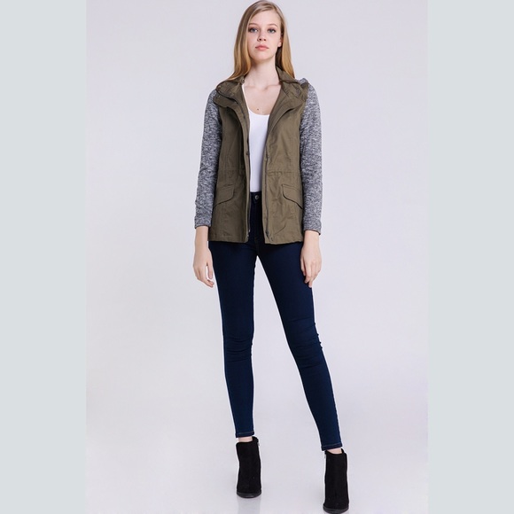 Olive hoodie grey trim jacket - Picture 3 of 8